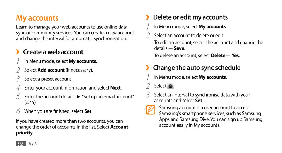 Samsung GT-S5253HKAMMC, GT-S5253HKAECT, GT-S5253HKAEGY My accounts, ›› Create a web account, ›› Delete or edit my accounts 