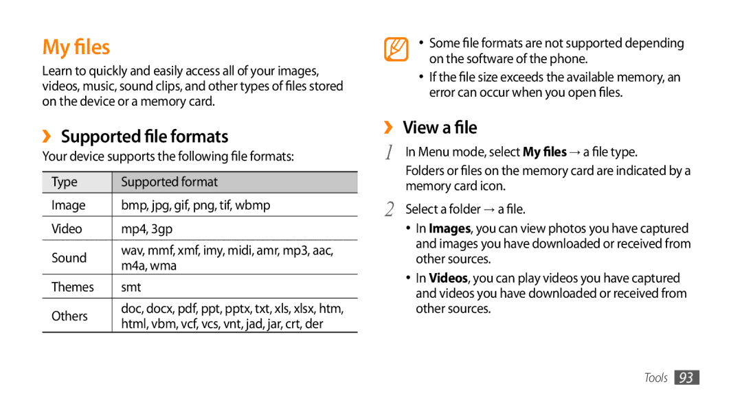 Samsung GT-S5253HKATUN, GT-S5253HKAECT My files, ›› Supported file formats, ›› View a file, M4a, wma, Themes Smt Others 