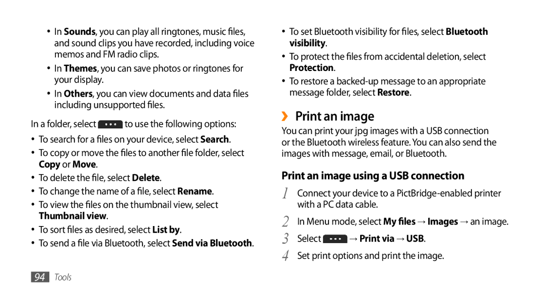 Samsung GT-S5253PWAABS ›› Print an image, Print an image using a USB connection, With a PC data cable, → Print via → USB 