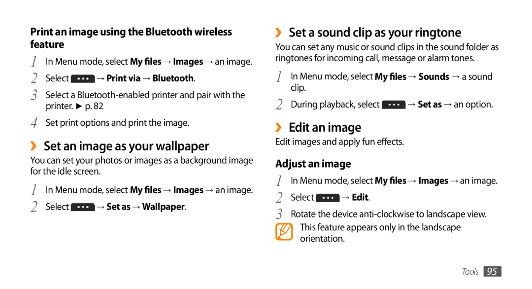 Samsung GT-S5253HKAECT manual ›› Set an image as your wallpaper, ›› Set a sound clip as your ringtone, ›› Edit an image 