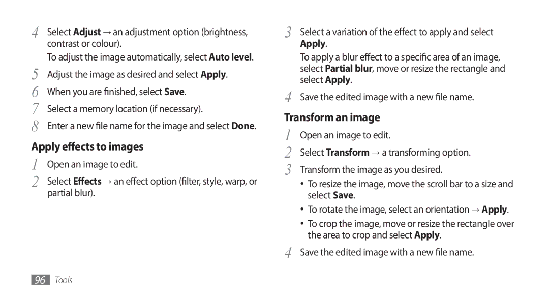 Samsung GT-S5253HKAEGY, GT-S5253HKAECT, GT-S5253HKAJED, GT-S5253HKATMC manual Apply effects to images, Transform an image 