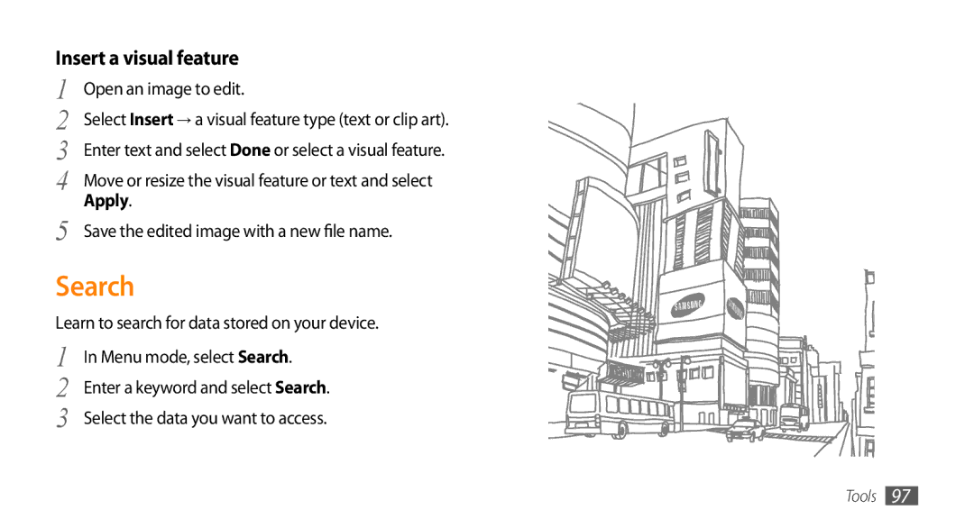 Samsung GT-S5253HKAJED, GT-S5253HKAECT Search, Insert a visual feature, Learn to search for data stored on your device 