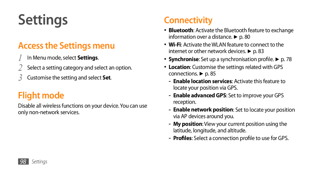 Samsung GT-S5253HKATMC, GT-S5253HKAECT, GT-S5253HKAEGY manual Access the Settings menu, Flight mode, Connectivity 