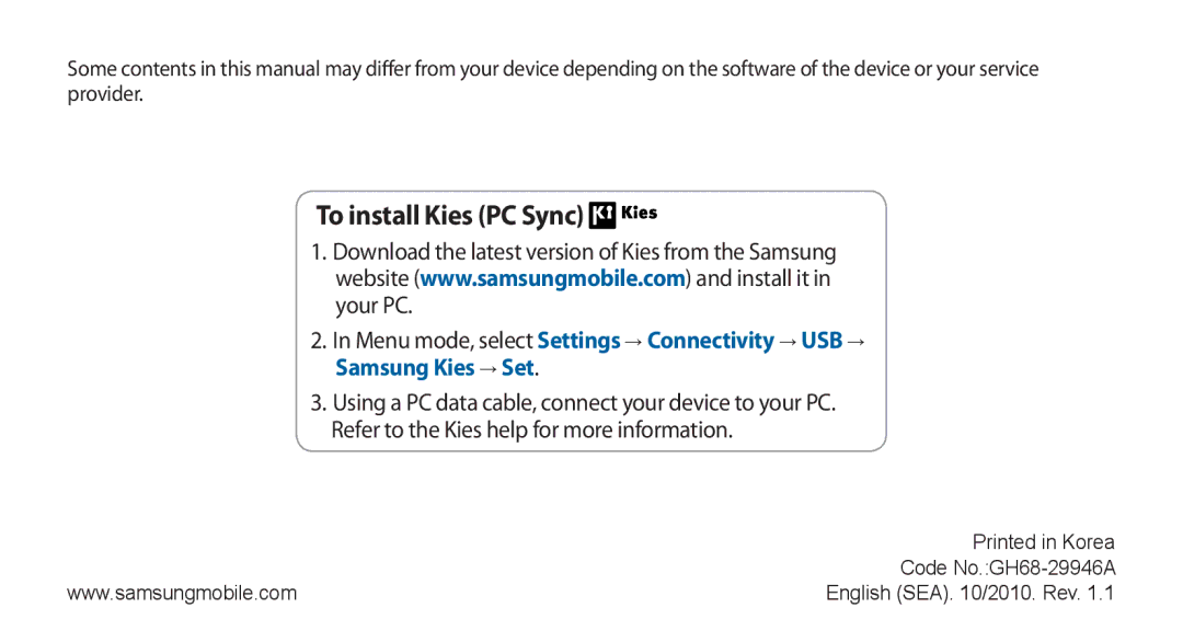 Samsung GT-S5253HKAEGY, GT-S5253HKAECT, GT-S5253HKAJED, GT-S5253HKATMC, GT-S5253PWAJED manual To install Kies PC Sync 