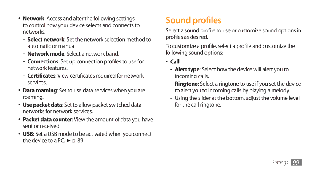 Samsung GT-S5253PWAJED, GT-S5253HKAECT, GT-S5253HKAEGY, GT-S5253HKAJED, GT-S5253HKATMC, GT-S5253PWAMID Sound profiles, Call 