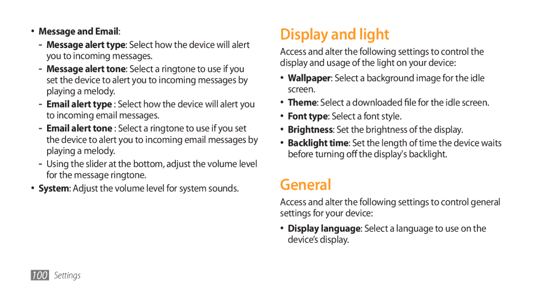 Samsung GT-S5253PWAMID, GT-S5253HKAECT, GT-S5253HKAEGY, GT-S5253HKAJED manual Display and light, General, Message and Email 