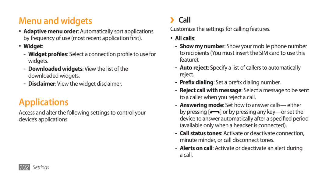 Samsung GT-S5253HKAAFR, GT-S5253HKAECT, GT-S5253HKAEGY, GT-S5253HKAJED manual Menu and widgets, Applications, ›› Call 