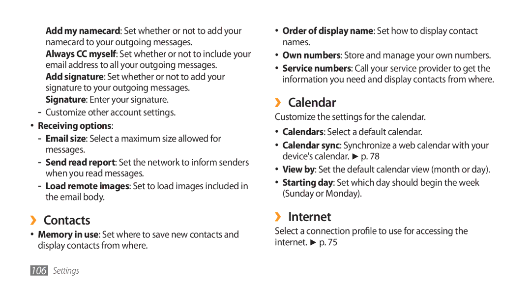 Samsung GT-S5253TIAJED, GT-S5253HKAECT manual ›› Contacts, ›› Calendar, ›› Internet, Customize other account settings 