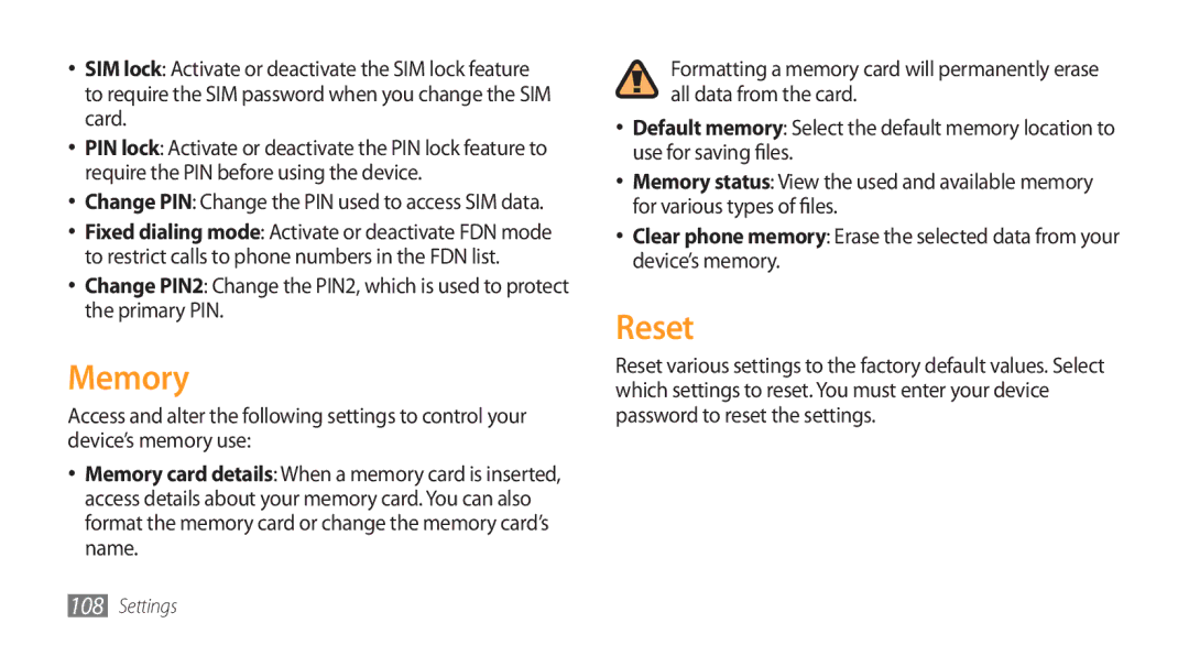 Samsung GT-S5253HKAKSA, GT-S5253HKAECT, GT-S5253HKAEGY, GT-S5253HKAJED, GT-S5253HKATMC, GT-S5253PWAJED manual Memory, Reset 