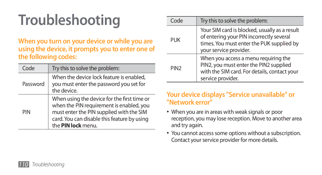 Samsung GT-S5253PWAAFR manual Troubleshooting, Code Try this to solve the problem, PIN lock menu, Your service provider 