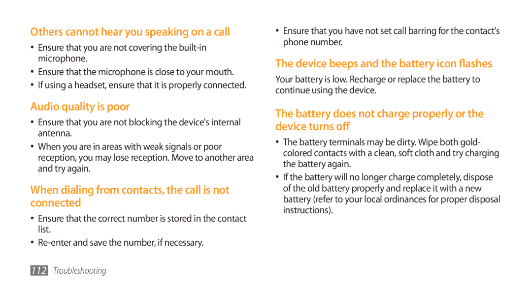 Samsung GT-S5253TIAKSA Others cannot hear you speaking on a call, Ensure that you are not covering the built-in microphone 