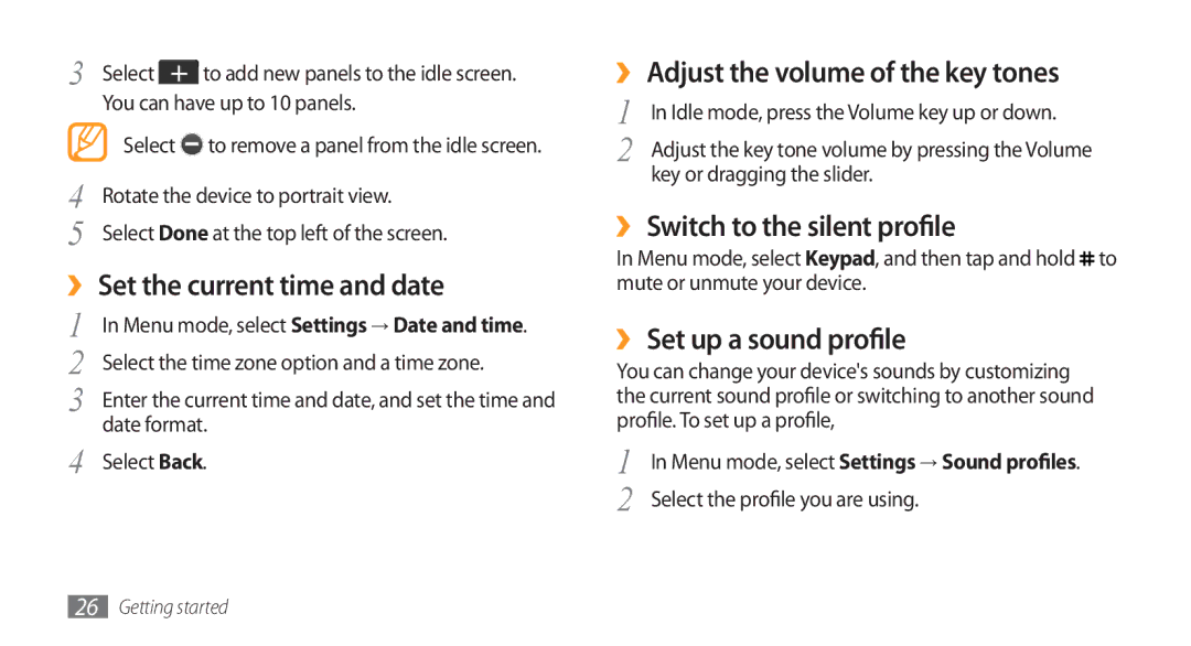 Samsung GT-S5253TIAXSG ›› Set the current time and date, ›› Adjust the volume of the key tones, ›› Set up a sound profile 