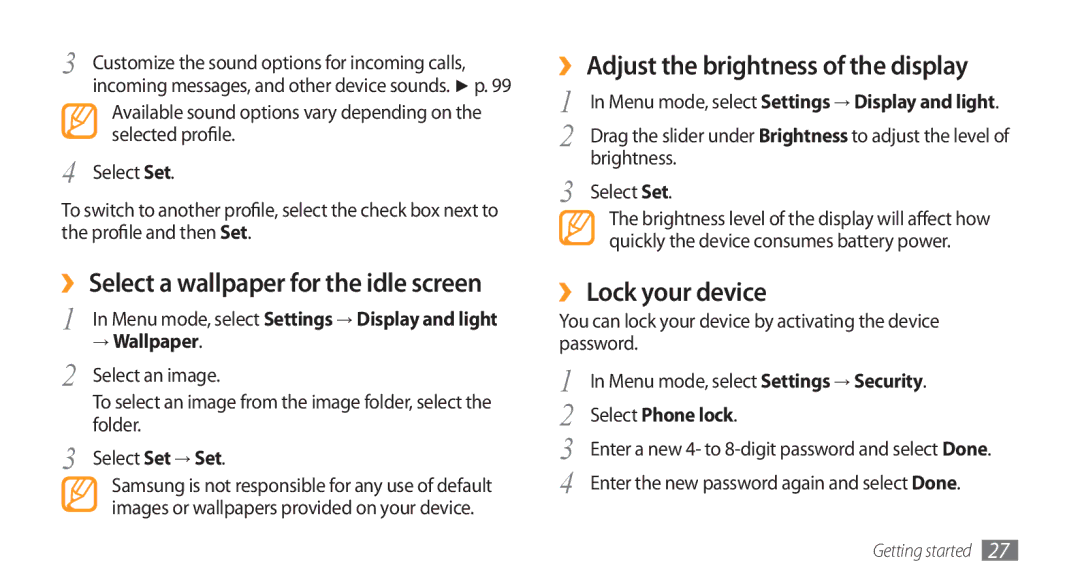 Samsung GT-S5253TIAMID manual ›› Adjust the brightness of the display, ›› Lock your device, → Wallpaper, Select Phone lock 