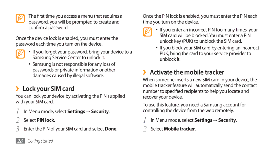 Samsung GT-S5253HKAMMC manual ›› Lock your SIM card, ›› Activate the mobile tracker, Select PIN lock, Select Mobile tracker 