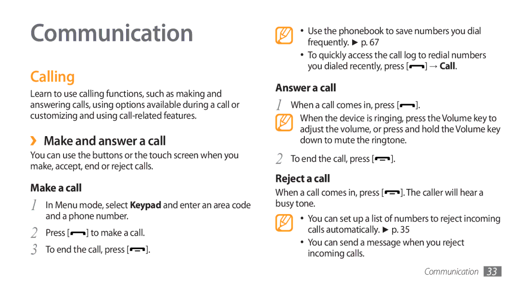 Samsung GT-S5253HKAJED, GT-S5253HKAECT, GT-S5253HKAEGY, GT-S5253HKATMC Communication, Calling, ›› Make and answer a call 