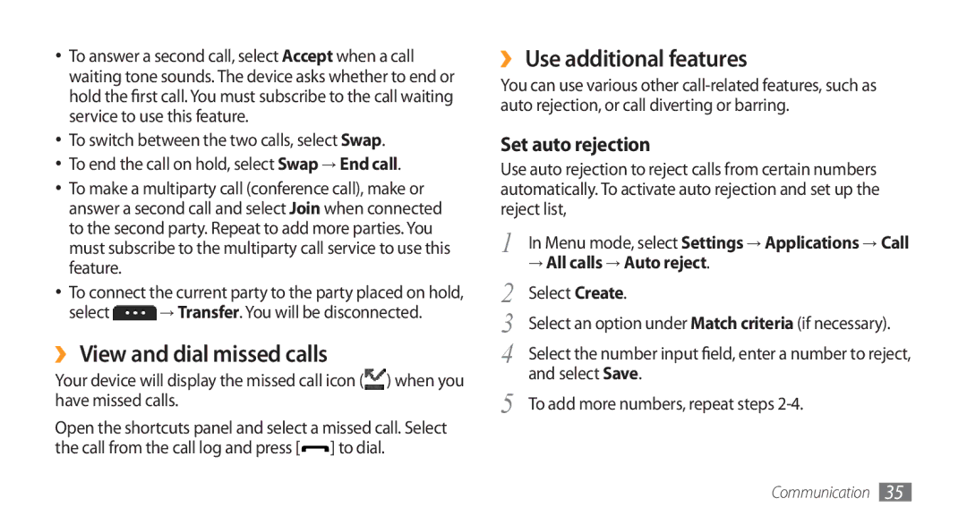 Samsung GT-S5253PWAJED, GT-S5253HKAECT manual ›› View and dial missed calls, ›› Use additional features, Set auto rejection 