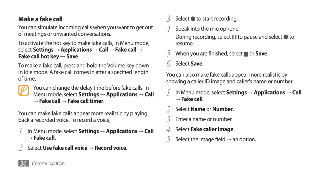 Samsung GT-S5253PWAMID, GT-S5253HKAECT manual Make a fake call, → Fake call → Fake call timer, Select Fake caller image 