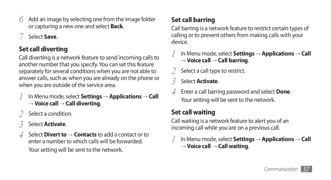 Samsung GT-S5253TIATHR, GT-S5253HKAECT, GT-S5253HKAEGY manual Set call diverting, Set call barring, Set call waiting 