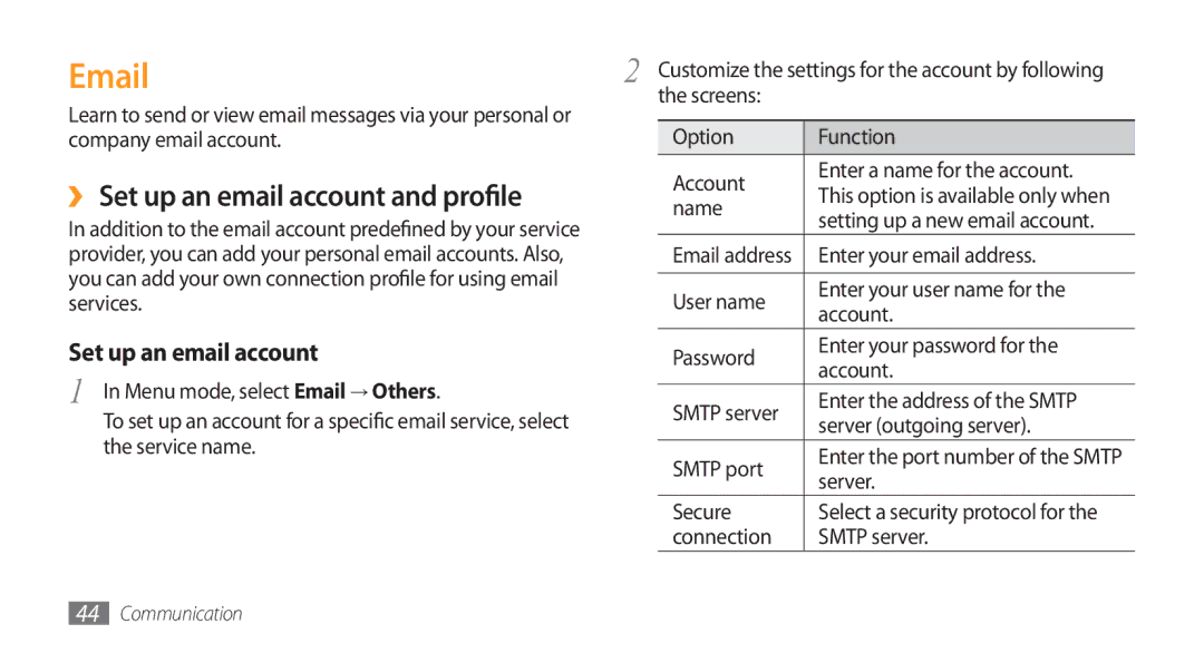 Samsung GT-S5253HKAKSA, GT-S5253HKAECT, GT-S5253HKAEGY, GT-S5253HKAJED, GT-S5253HKATMC ›› Set up an email account and profile 