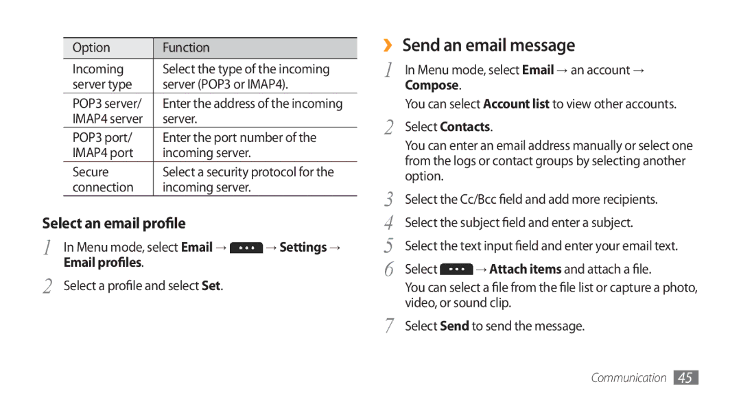 Samsung GT-S5253PWAKSA, GT-S5253HKAECT manual ›› Send an email message, Select an email profile, → Settings →, Compose 