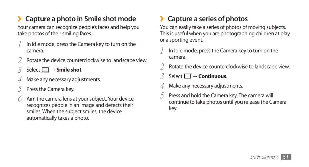 Samsung GT-S5253HKAABS, GT-S5253HKAECT manual ›› Capture a photo in Smile shot mode, ›› Capture a series of photos, Key 