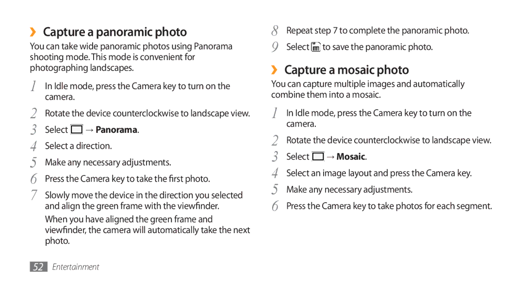 Samsung GT-S5253HKAPAK, GT-S5253HKAECT, GT-S5253HKAEGY manual ›› Capture a panoramic photo, ›› Capture a mosaic photo 