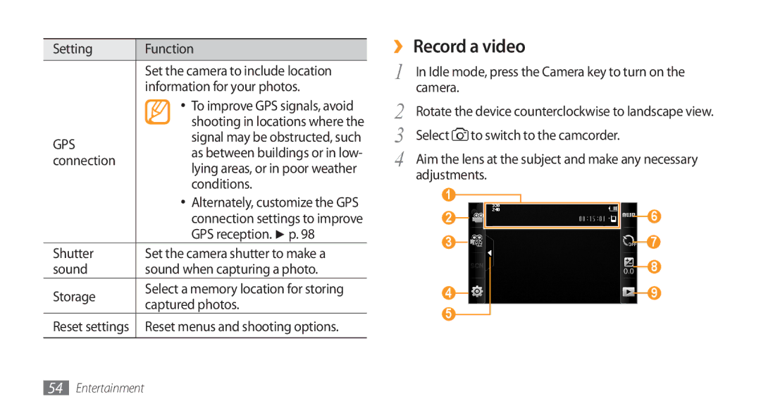 Samsung GT-S5253PWATUN, GT-S5253HKAECT, GT-S5253HKAEGY, GT-S5253HKAJED, GT-S5253HKATMC, GT-S5253PWAJED manual ›› Record a video 