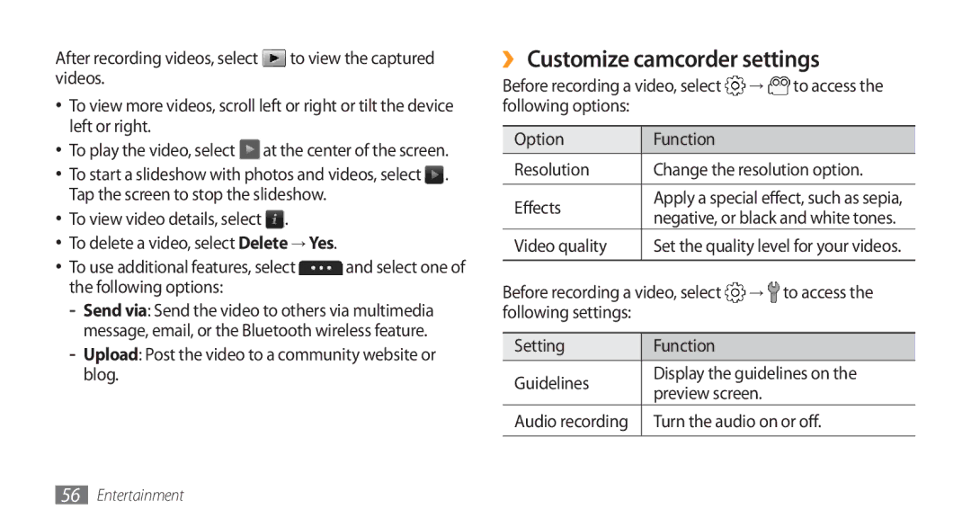 Samsung GT-S5253HKAMID manual ›› Customize camcorder settings, Upload Post the video to a community website or blog 