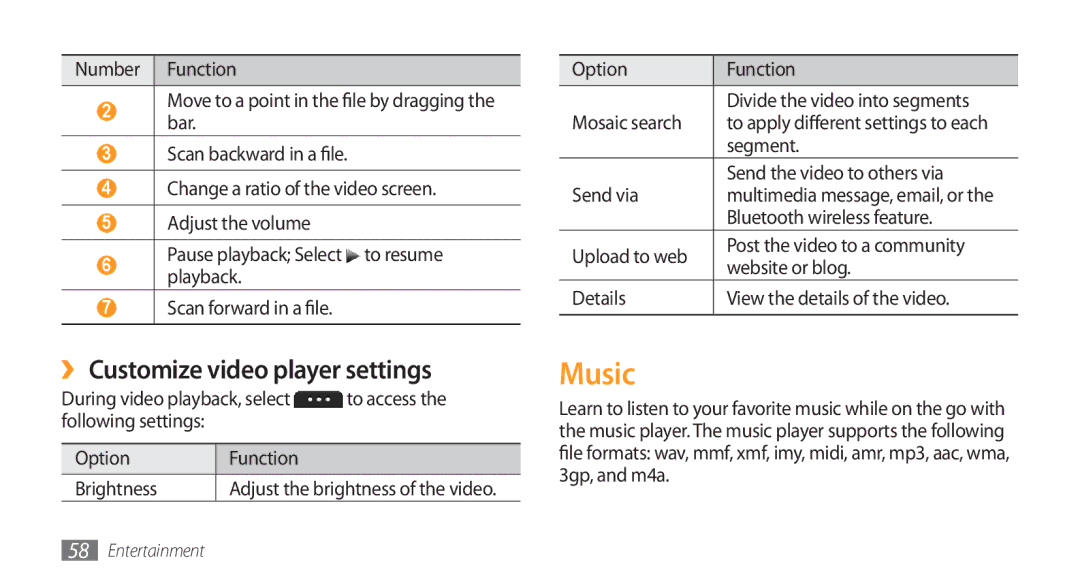 Samsung GT-S5253TIAXSG, GT-S5253HKAECT, GT-S5253HKAEGY, GT-S5253HKAJED manual Music, ›› Customize video player settings 