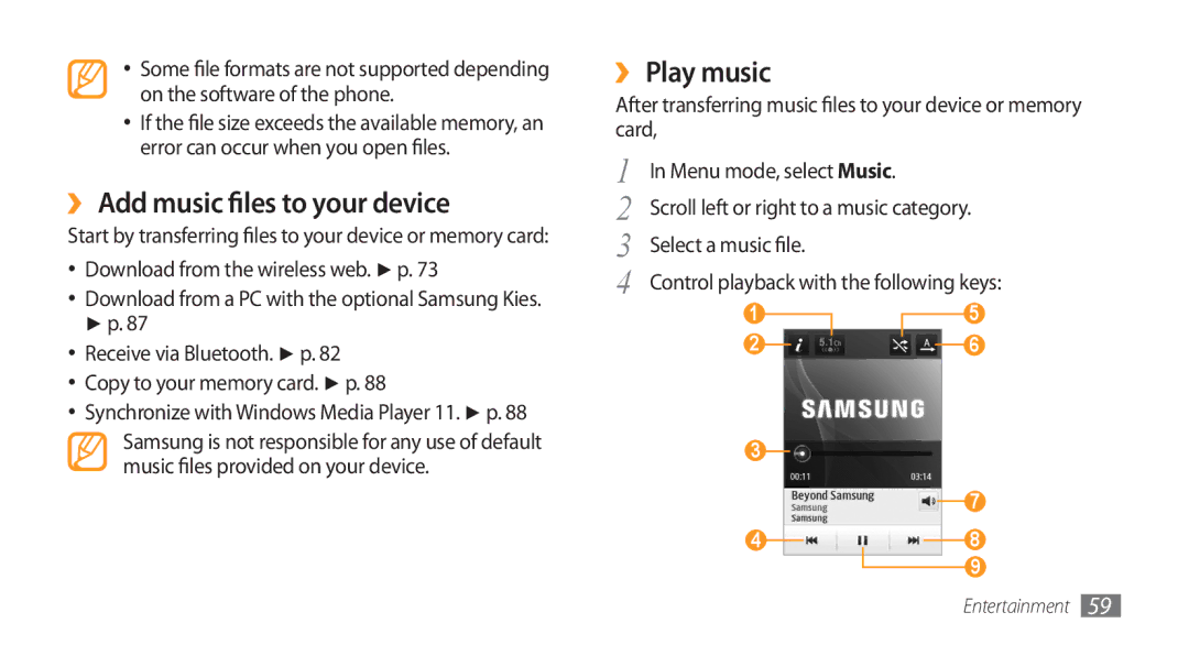 Samsung GT-S5253TIAMID, GT-S5253HKAECT, GT-S5253HKAEGY, GT-S5253HKAJED manual ›› Add music files to your device, ›› Play music 