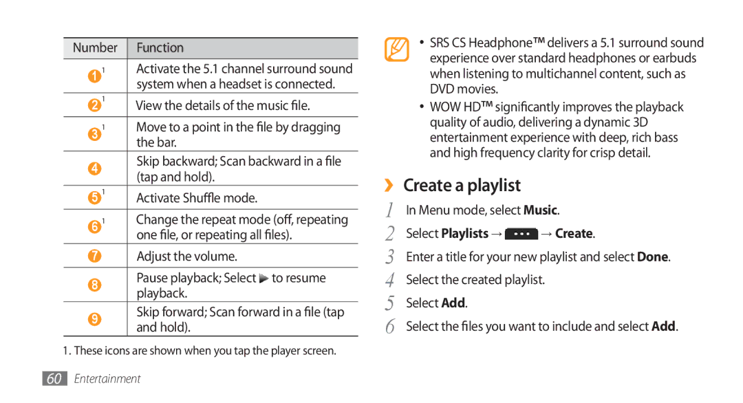 Samsung GT-S5253HKAMMC, GT-S5253HKAECT, GT-S5253HKAEGY, GT-S5253HKAJED ›› Create a playlist, Select Playlists → → Create 