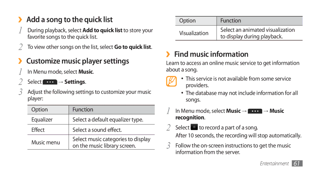 Samsung GT-S5253HKATUN ›› Add a song to the quick list, ›› Customize music player settings, ›› Find music information 