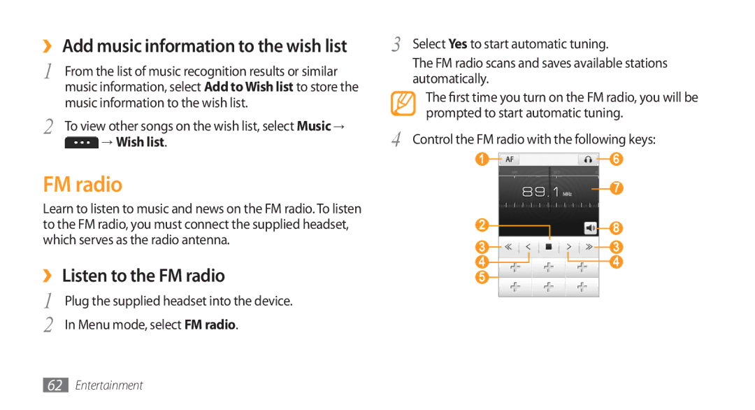 Samsung GT-S5253PWAABS, GT-S5253HKAECT, GT-S5253HKAEGY, GT-S5253HKAJED manual ›› Listen to the FM radio, → Wish list 