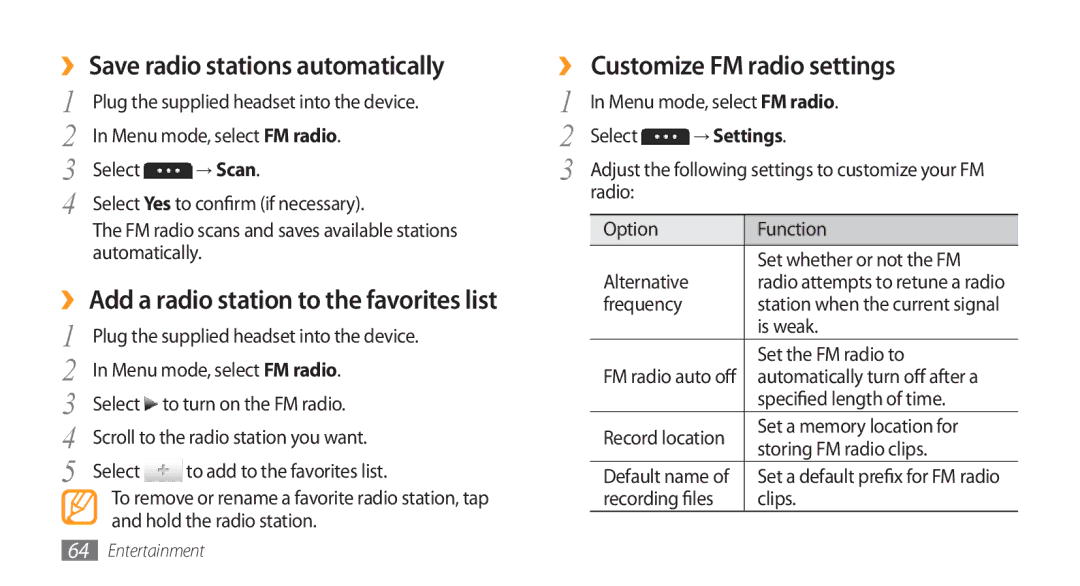 Samsung GT-S5253HKAEGY, GT-S5253HKAECT manual ›› Save radio stations automatically, ›› Customize FM radio settings, → Scan 