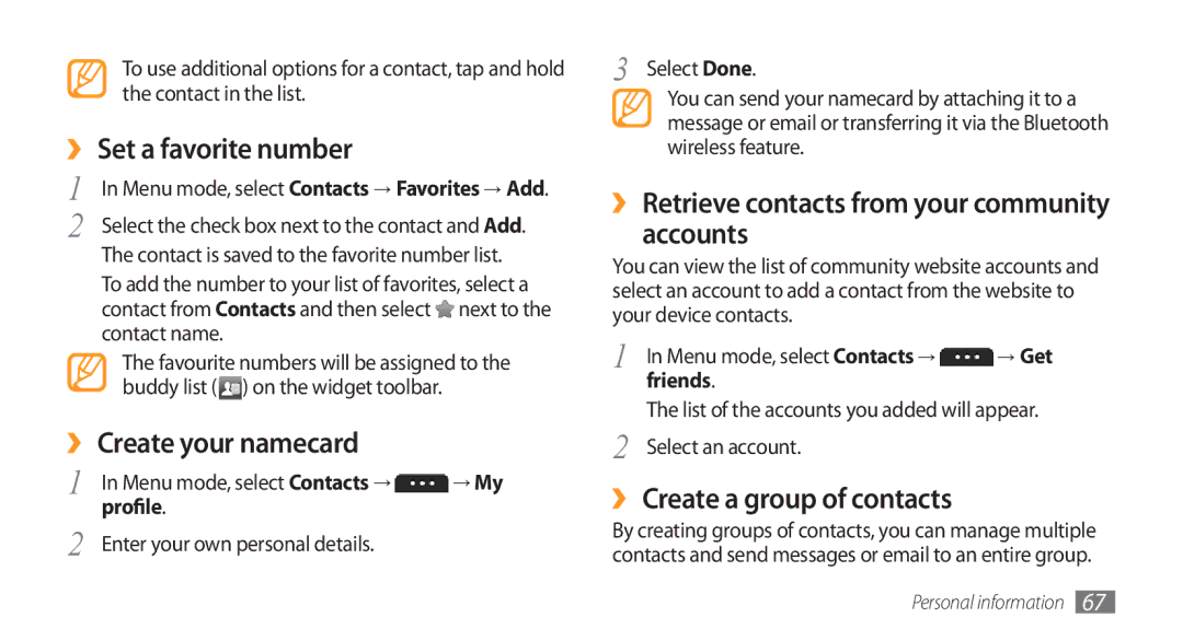 Samsung GT-S5253PWAJED manual ›› Set a favorite number, ›› Create your namecard, Accounts, ›› Create a group of contacts 