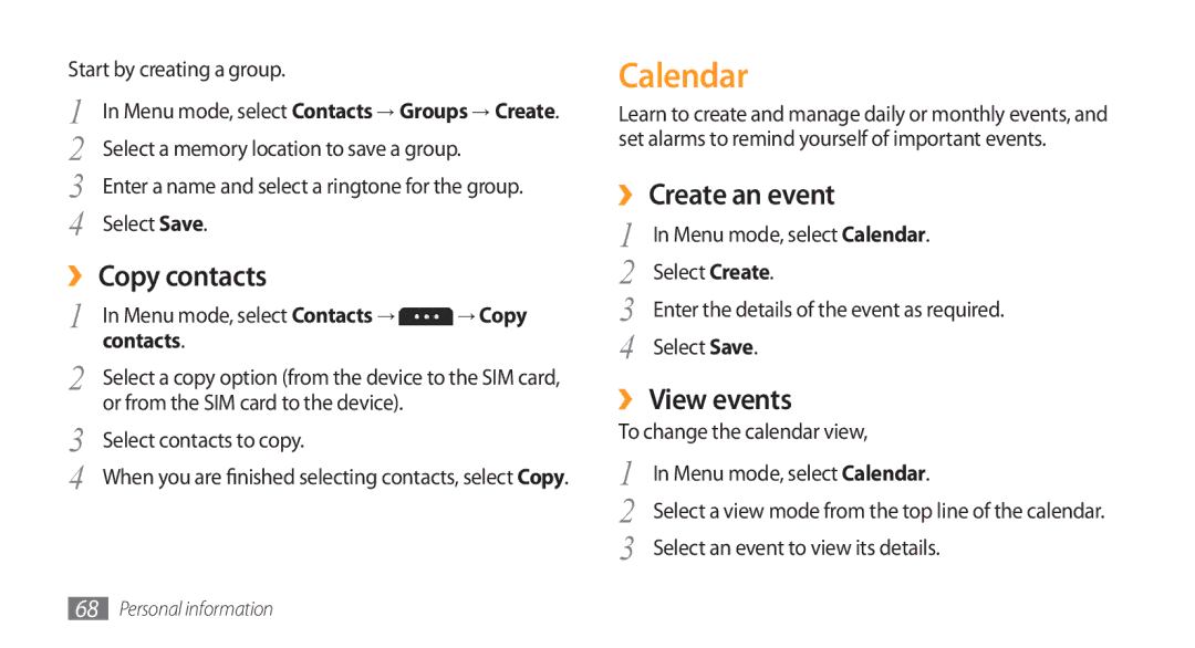 Samsung GT-S5253PWAMID, GT-S5253HKAECT, GT-S5253HKAEGY manual Calendar, ›› Copy contacts, ›› Create an event, ›› View events 