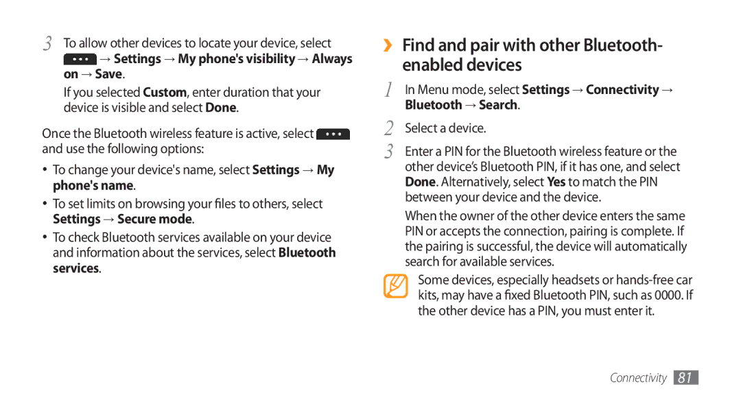 Samsung GT-S5253HKATHR, GT-S5253HKAECT manual ›› Find and pair with other Bluetooth- enabled devices, Bluetooth → Search 