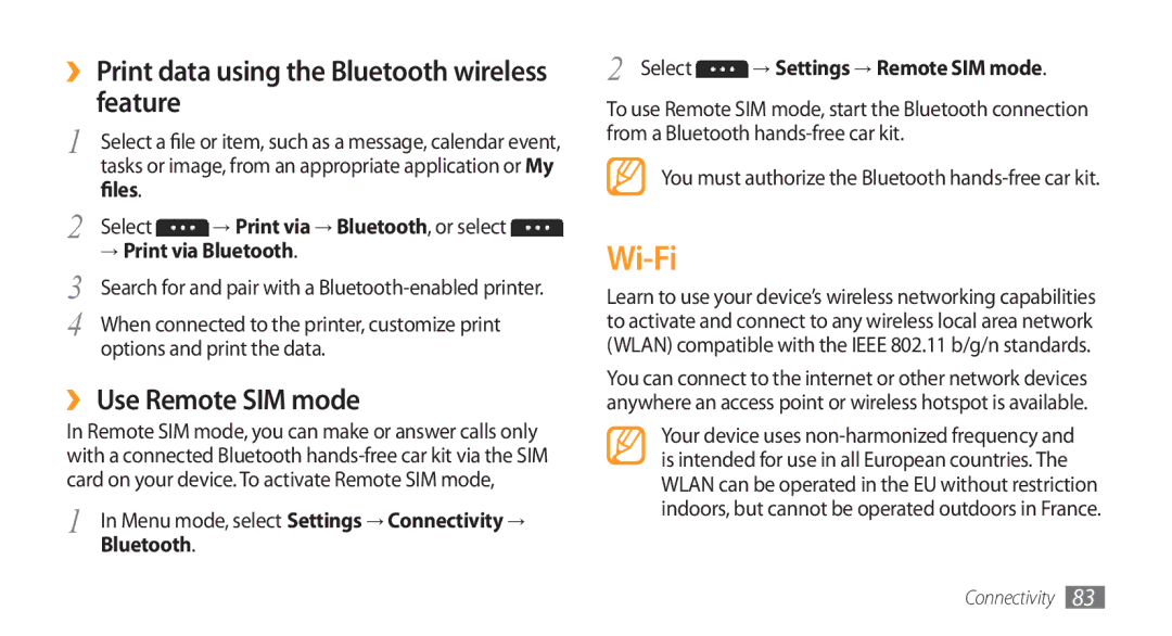 Samsung GT-S5253HKAABS manual Wi-Fi, ›› Print data using the Bluetooth wireless feature, ›› Use Remote SIM mode, Files 