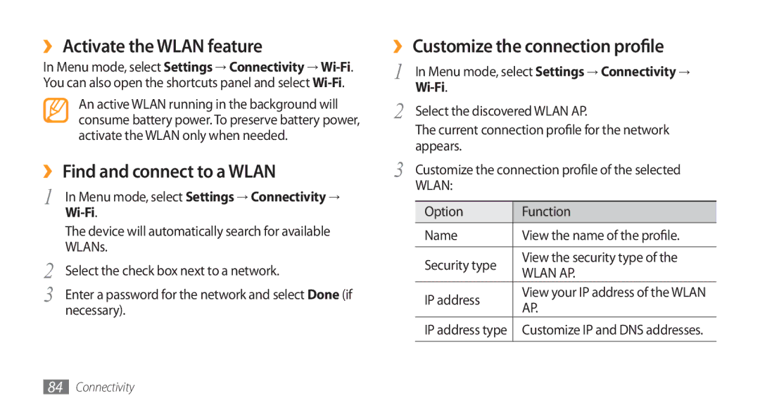 Samsung GT-S5253HKAPAK ›› Activate the Wlan feature, ›› Find and connect to a Wlan, ›› Customize the connection profile 