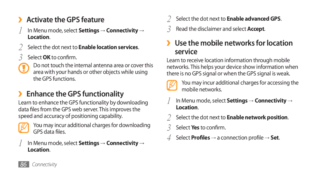 Samsung GT-S5253PWATUN, GT-S5253HKAECT manual ›› Activate the GPS feature, ›› Enhance the GPS functionality, Location 