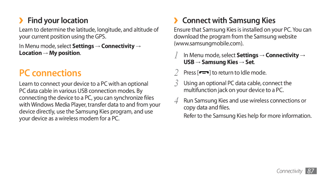 Samsung GT-S5253TIAEGY manual PC connections, ›› Find your location, ›› Connect with Samsung Kies, USB → Samsung Kies → Set 