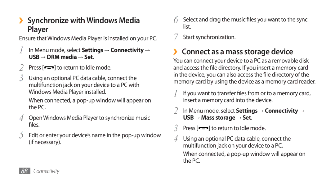 Samsung GT-S5253HKAMID, GT-S5253HKAECT manual ›› Synchronize with Windows Media Player, ›› Connect as a mass storage device 