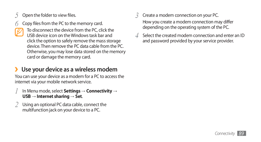 Samsung GT-S5253PWATHR, GT-S5253HKAECT, GT-S5253HKAEGY USB → Internet sharing → Set, Create a modem connection on your PC 