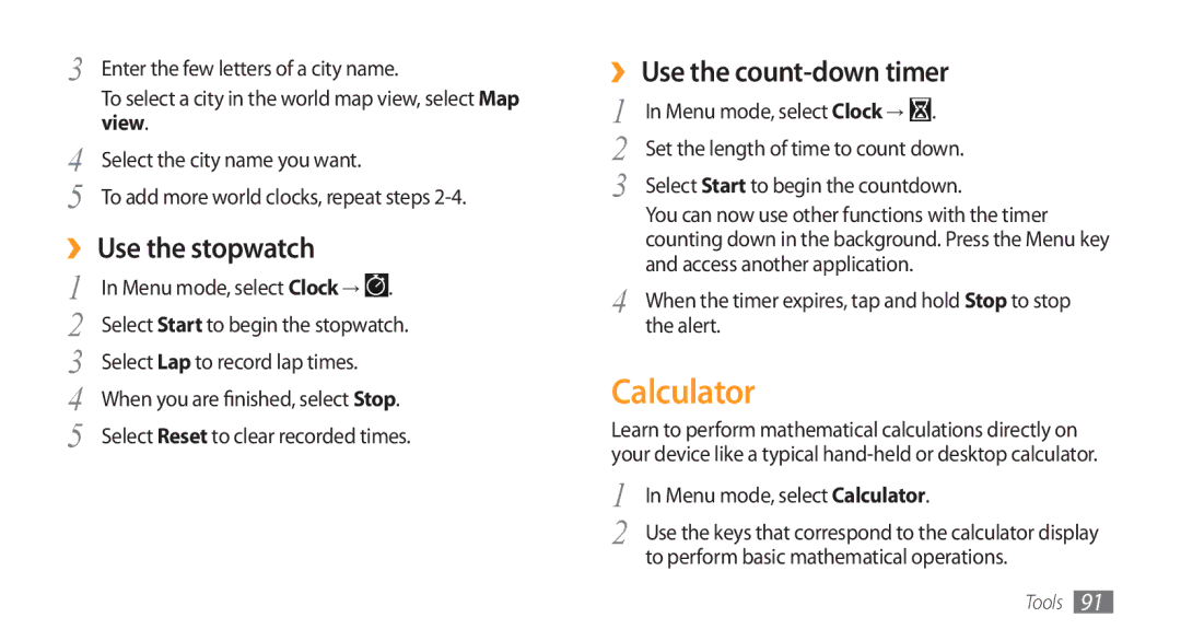 Samsung GT-S5253TIAMID, GT-S5253HKAECT, GT-S5253HKAEGY Calculator, ›› Use the stopwatch, ›› Use the count-down timer, View 