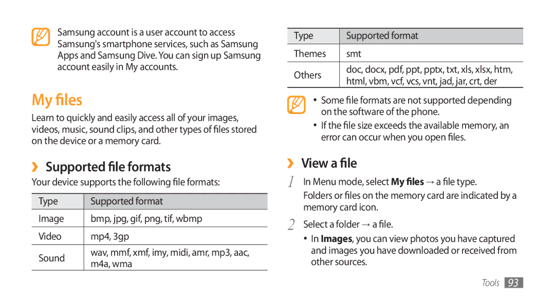 Samsung GT-S5253HKATUN, GT-S5253HKAECT, GT-S5253HKAEGY, GT-S5253HKAJED My files, ›› Supported file formats, ›› View a file 