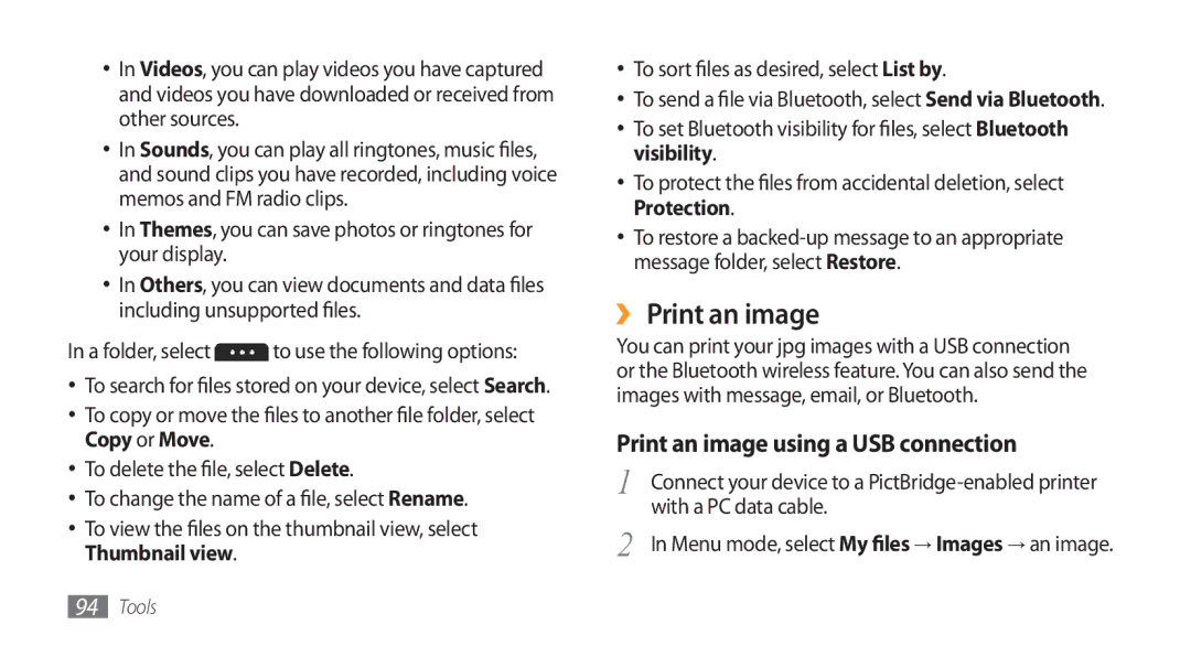 Samsung GT-S5253PWAABS, GT-S5253HKAECT manual ›› Print an image, Print an image using a USB connection, With a PC data cable 