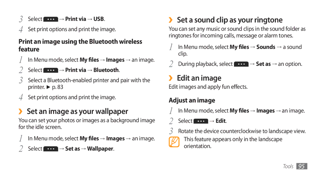 Samsung GT-S5253HKAECT manual ›› Set an image as your wallpaper, ›› Set a sound clip as your ringtone, ›› Edit an image 