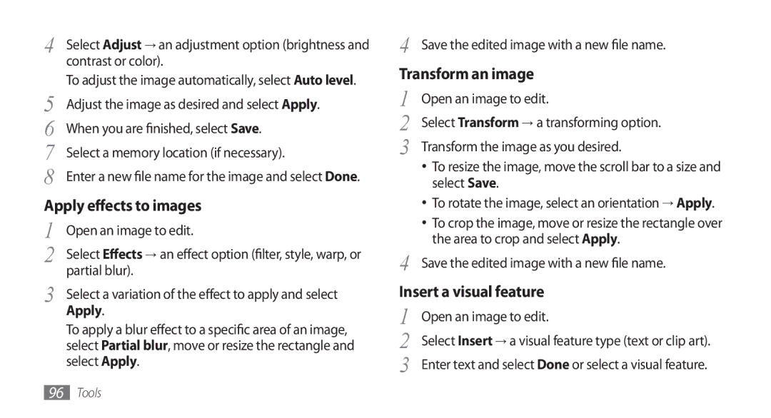 Samsung GT-S5253HKAEGY, GT-S5253HKAECT, GT-S5253HKAJED Apply effects to images, Transform an image, Insert a visual feature 