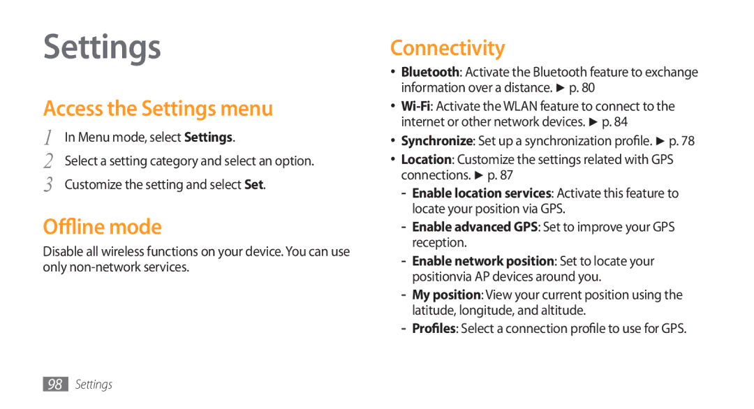 Samsung GT-S5253HKATMC, GT-S5253HKAECT, GT-S5253HKAEGY manual Access the Settings menu, Offline mode, Connectivity 