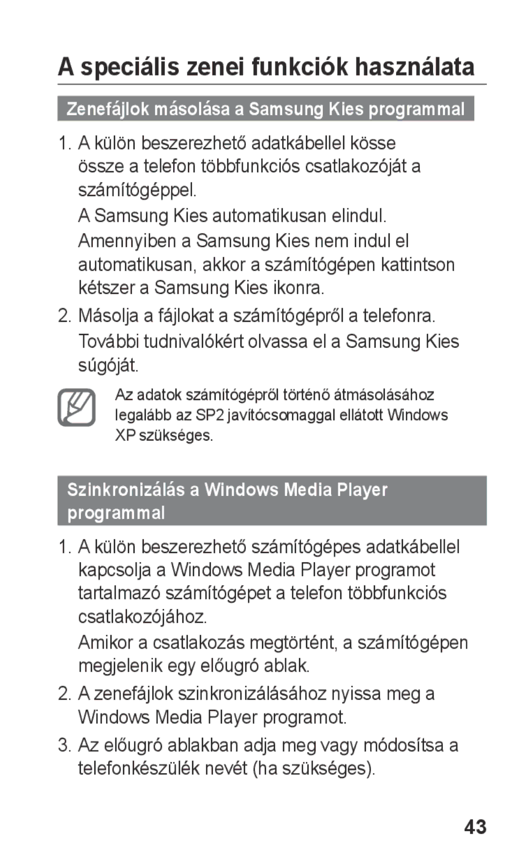 Samsung GT-S5260OKACIT manual Speciális zenei funkciók használata, Szinkronizálás a Windows Media Player programmal 